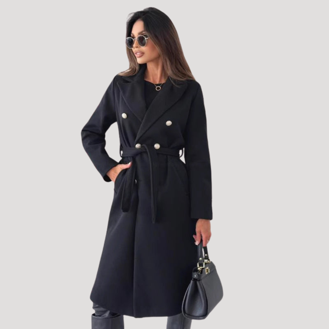 Women's Double Breasted Longline Winter Coat with Tie Belt