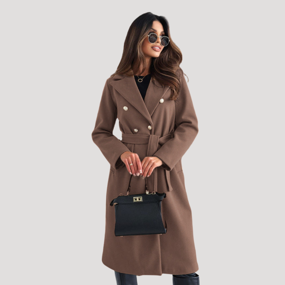 Women's Double Breasted Longline Winter Coat with Tie Belt