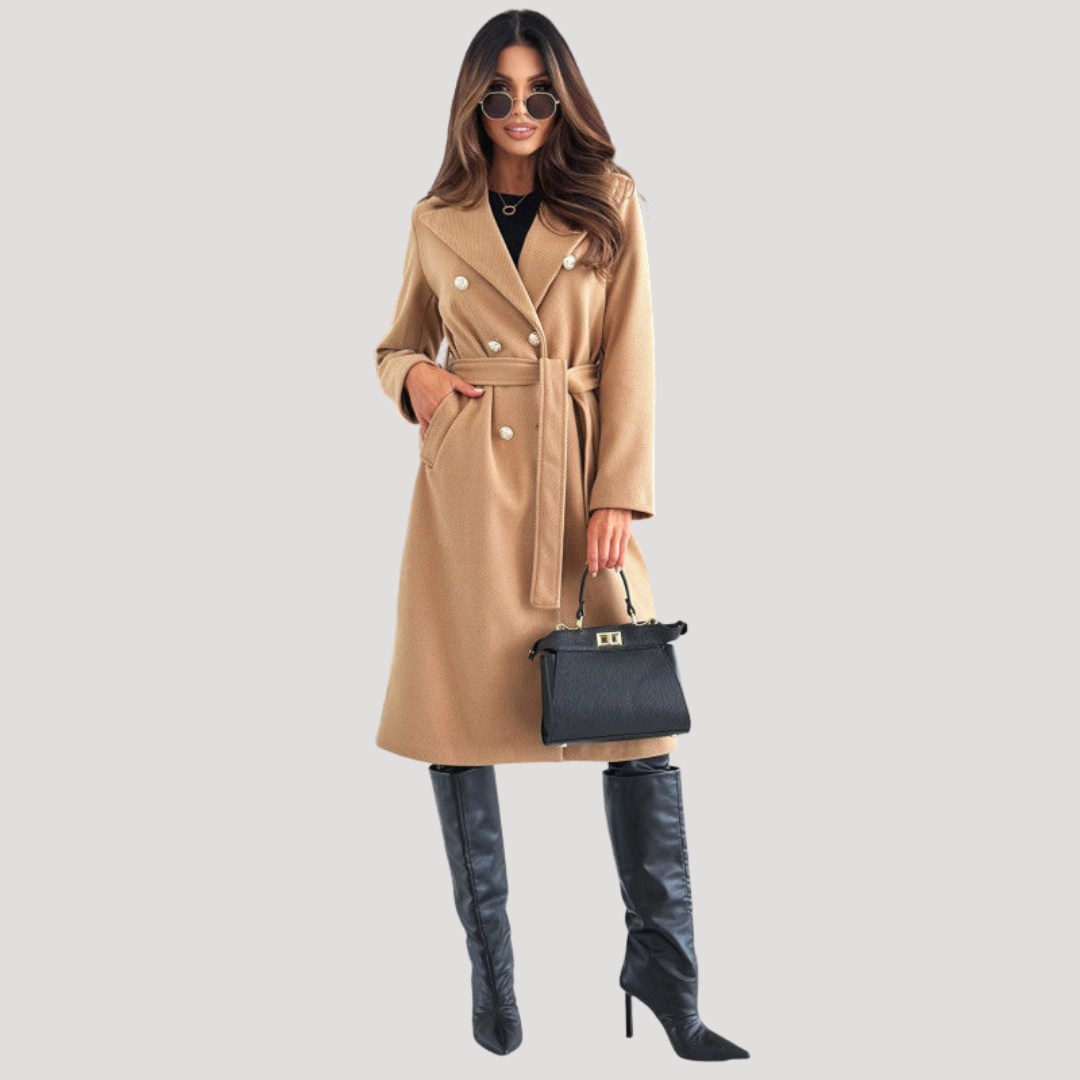 Women's Double Breasted Longline Winter Coat with Tie Belt