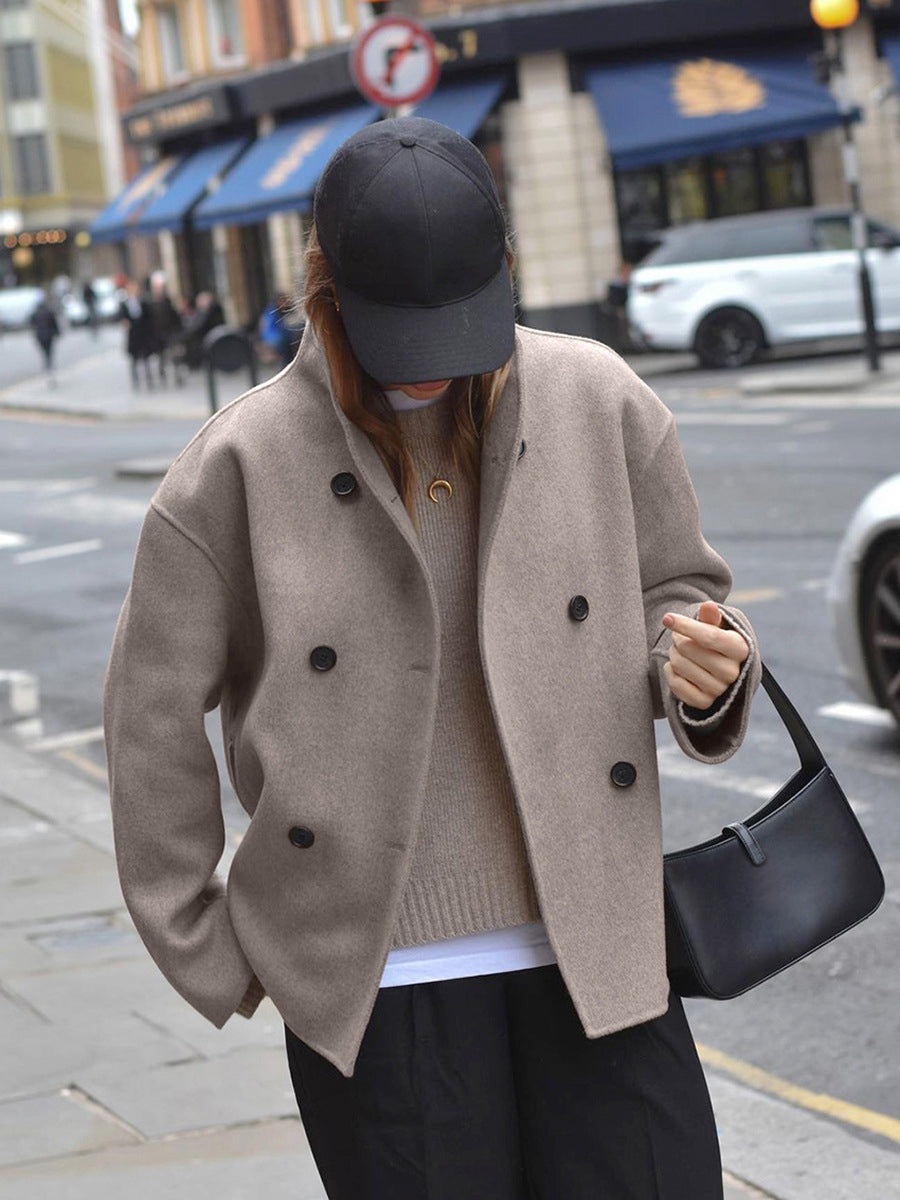 Women's Double Breasted Pea Coat With Stand Collar