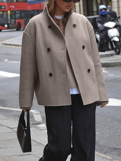 Women's Double Breasted Pea Coat With Stand Collar