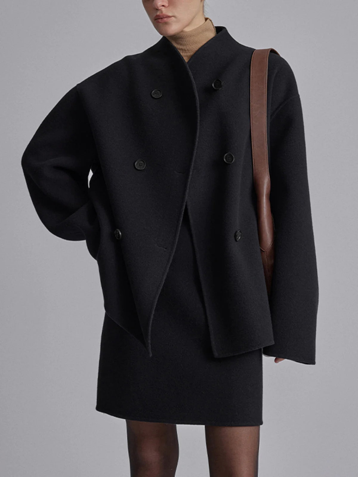 Women's Double Breasted Pea Coat With Stand Collar