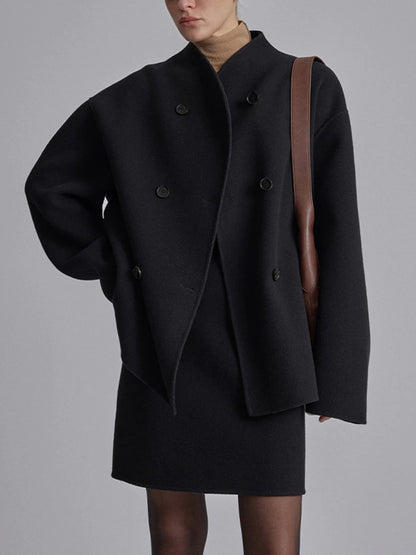 Women's Double Breasted Pea Coat With Stand Collar
