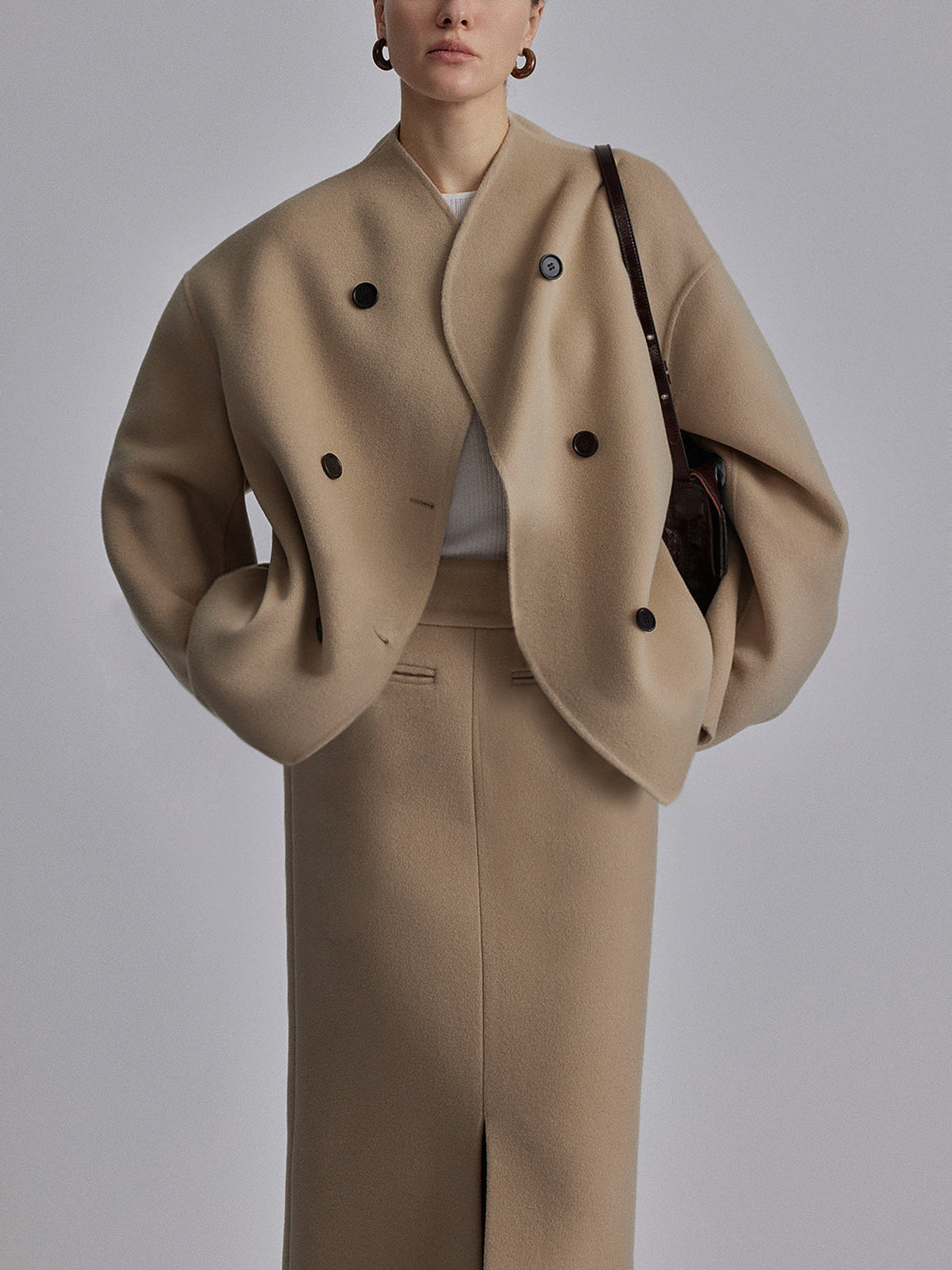 Women's Double Breasted Pea Coat With Stand Collar