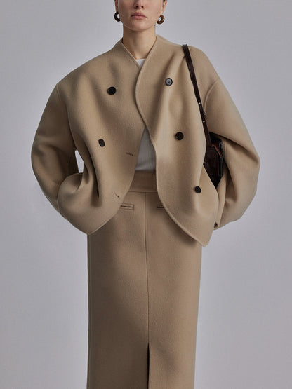 Women's Double Breasted Pea Coat With Stand Collar