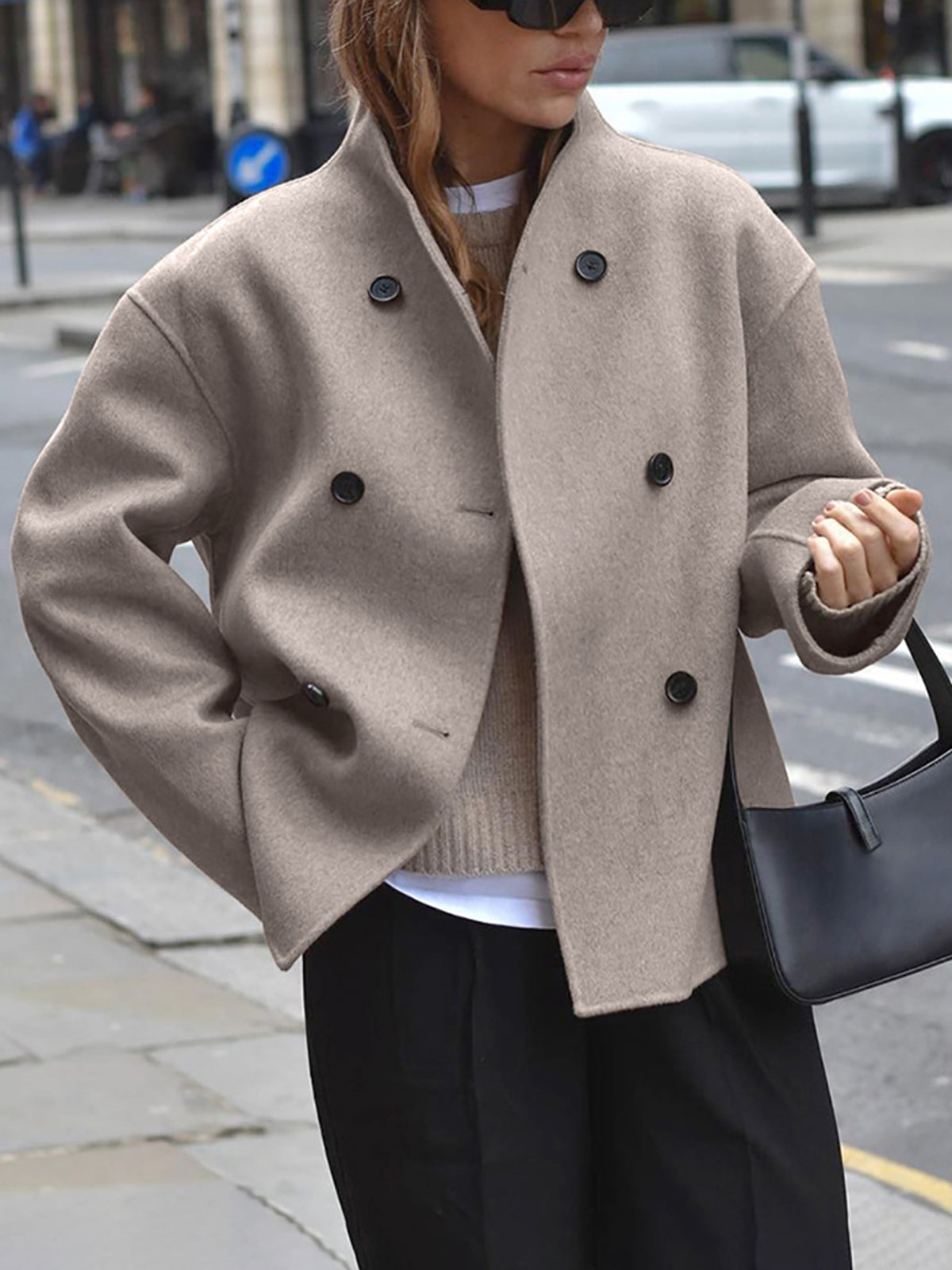 Women's Double Breasted Pea Coat With Stand Collar