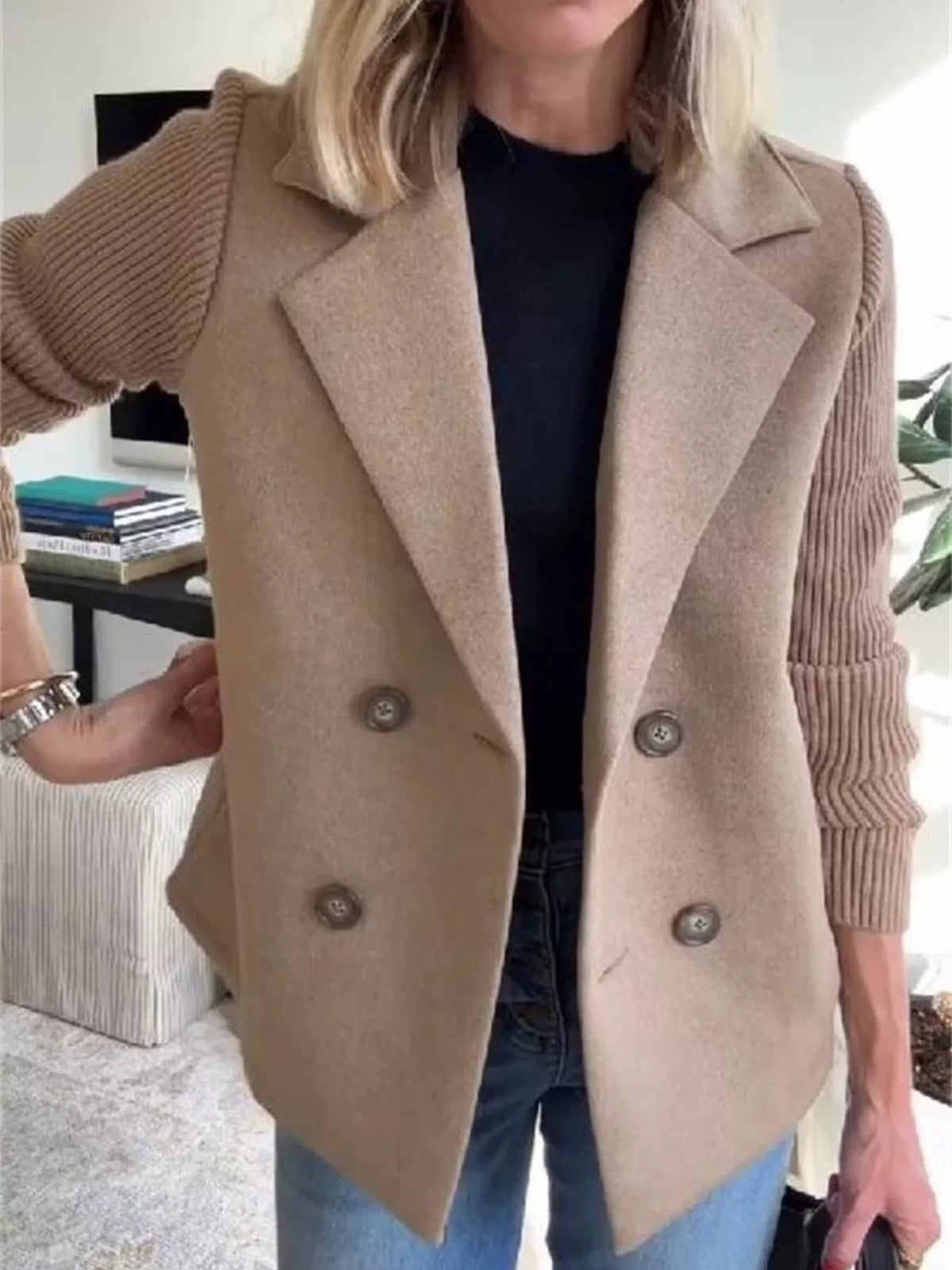 Women's Double Breasted Short Coat with Shawl Collar and Knit Cuffs