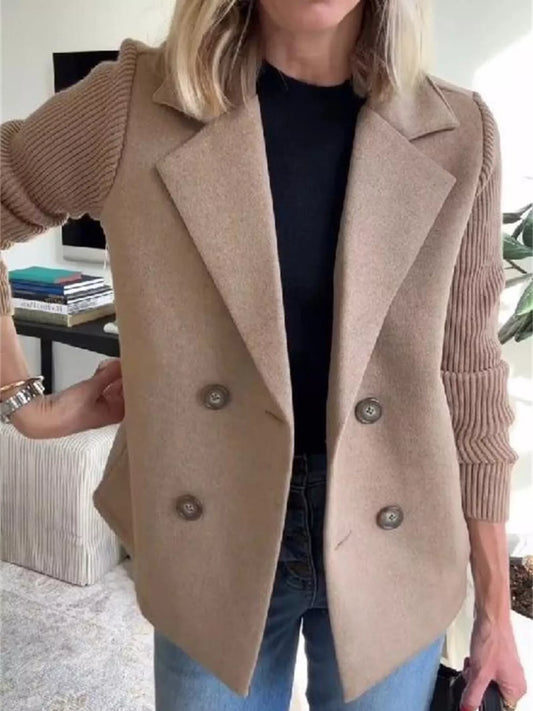 Women's Double Breasted Short Coat with Shawl Collar and Knit Cuffs