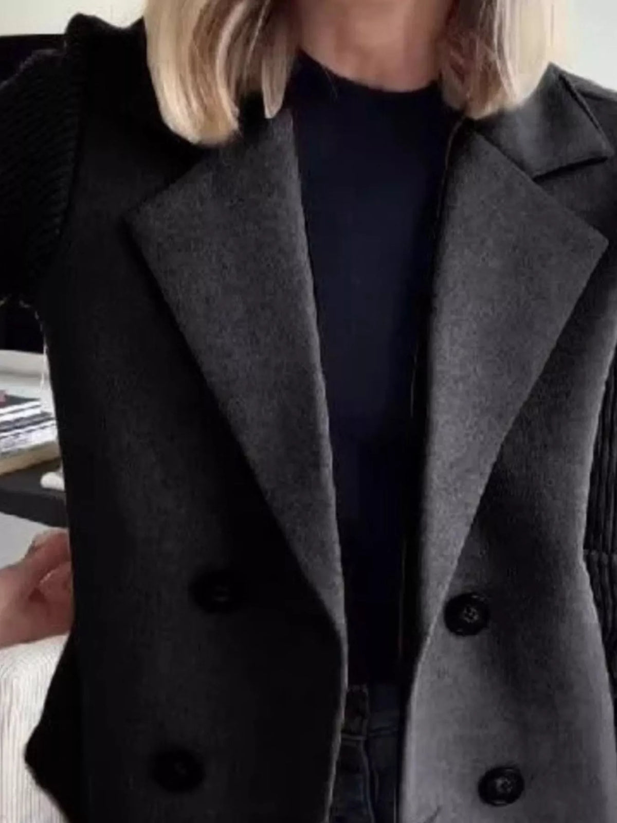 Women's Double Breasted Short Coat with Shawl Collar and Knit Cuffs