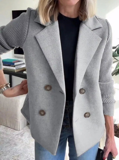 Women's Double Breasted Short Coat with Shawl Collar and Knit Cuffs