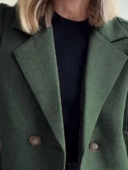 Women's Double Breasted Short Coat with Shawl Collar and Knit Cuffs
