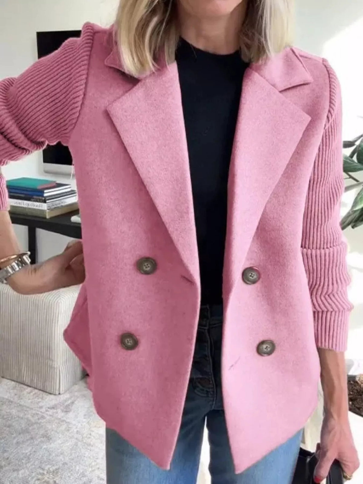 Women's Double Breasted Short Coat with Shawl Collar and Knit Cuffs