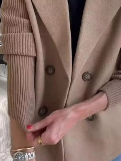 Women's Double Breasted Short Coat with Shawl Collar and Knit Cuffs