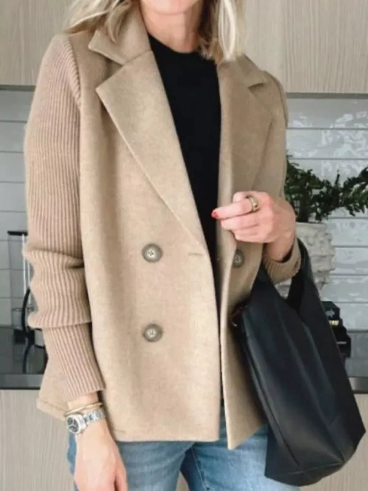 Women's Double Breasted Short Coat with Shawl Collar and Knit Cuffs
