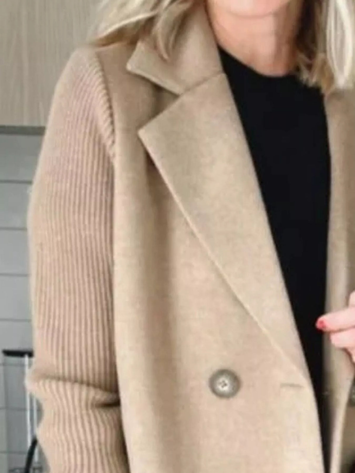 Women's Double Breasted Short Coat with Shawl Collar and Knit Cuffs