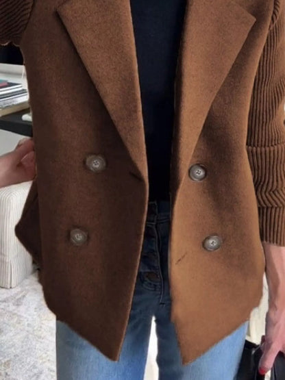 Women's Double Breasted Short Coat with Shawl Collar and Knit Cuffs