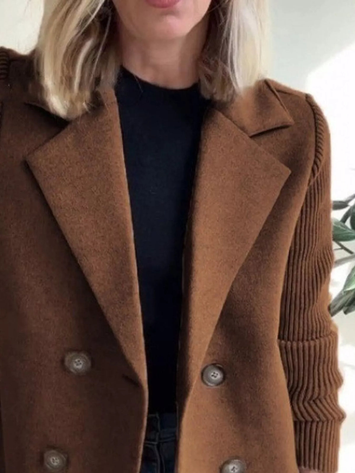Women's Double Breasted Short Coat with Shawl Collar and Knit Cuffs