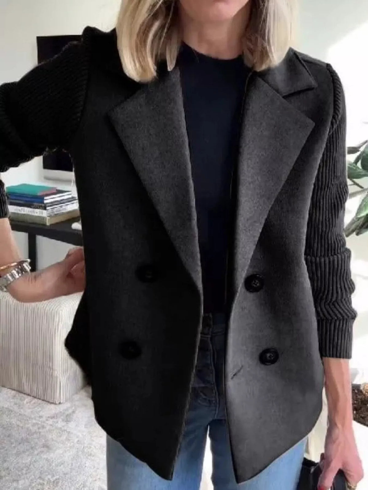 Women's Double Breasted Short Coat with Shawl Collar and Knit Cuffs