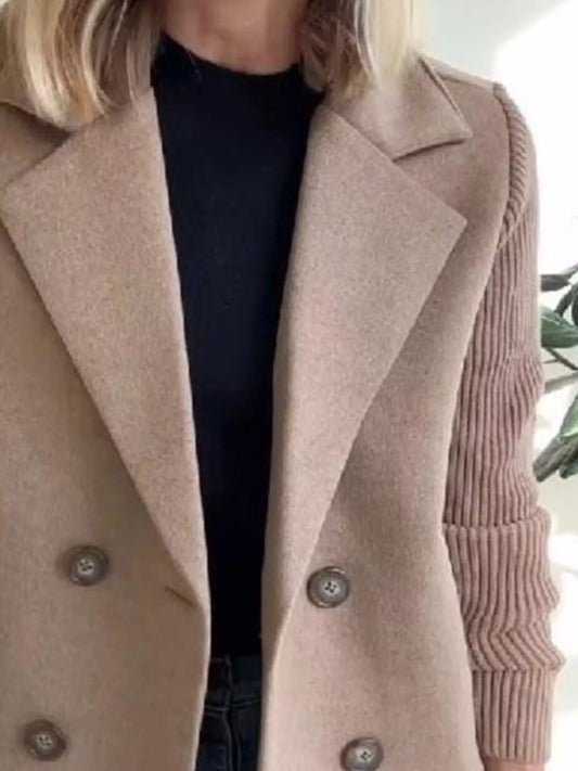 Women's Double Breasted Short Coat with Shawl Collar and Knit Cuffs