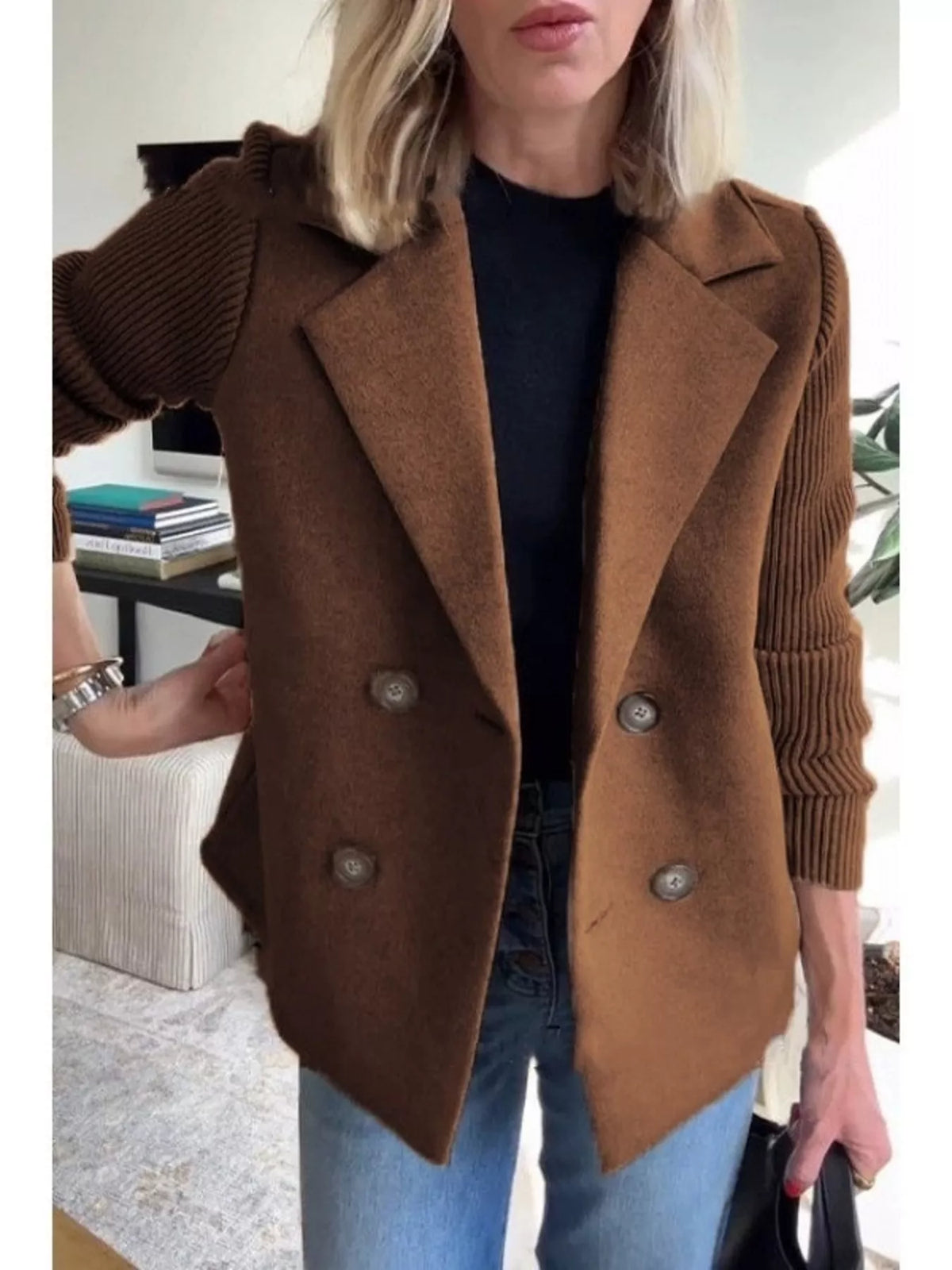 Women's Double Breasted Short Coat with Shawl Collar and Knit Cuffs