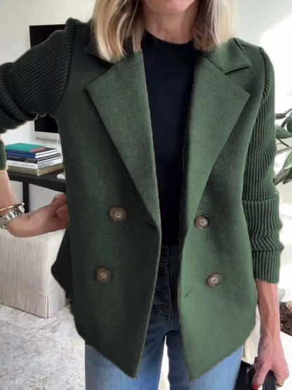 Women's Double Breasted Short Coat with Shawl Collar and Knit Cuffs