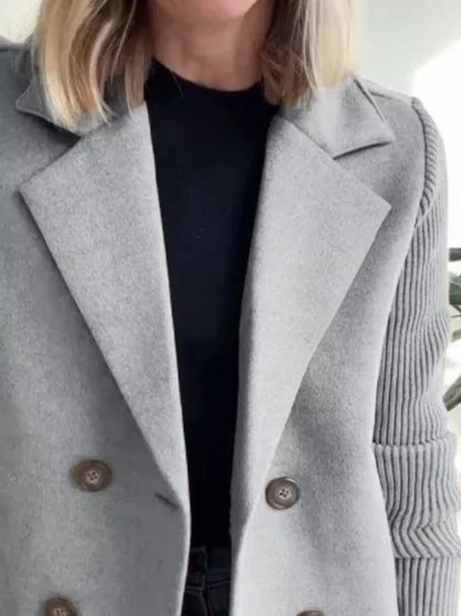 Women's Double Breasted Short Coat with Shawl Collar and Knit Cuffs