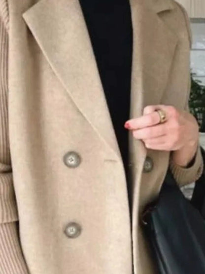 Women's Double Breasted Short Coat with Shawl Collar and Knit Cuffs