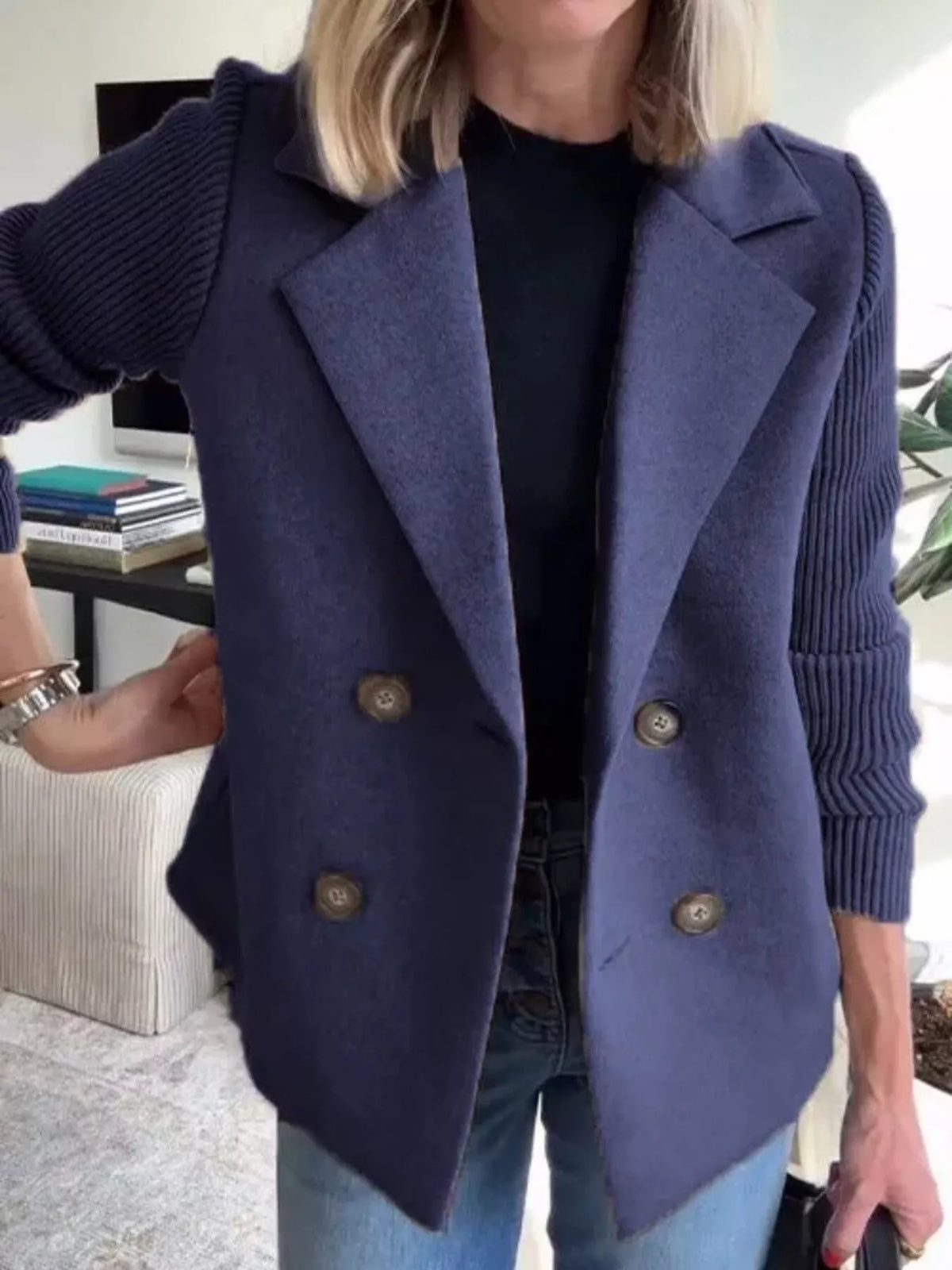 Women's Double Breasted Short Coat with Shawl Collar and Knit Cuffs