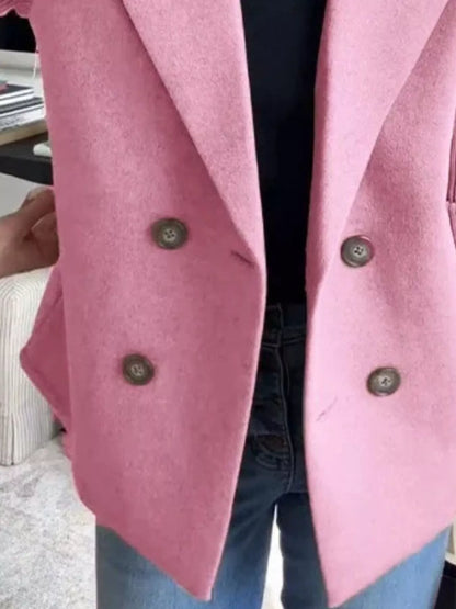 Women's Double Breasted Short Coat with Shawl Collar and Knit Cuffs
