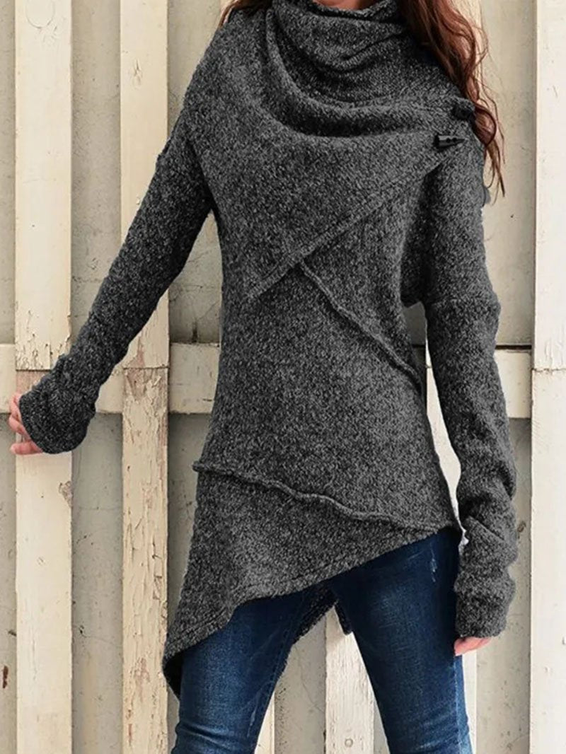 Women's Draped Collar Knit Jumper with Asymmetric Longline Hem
