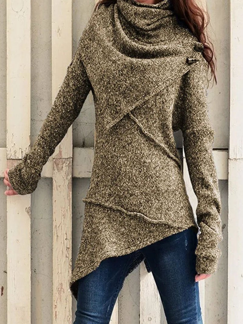 Women's Draped Collar Knit Jumper with Asymmetric Longline Hem