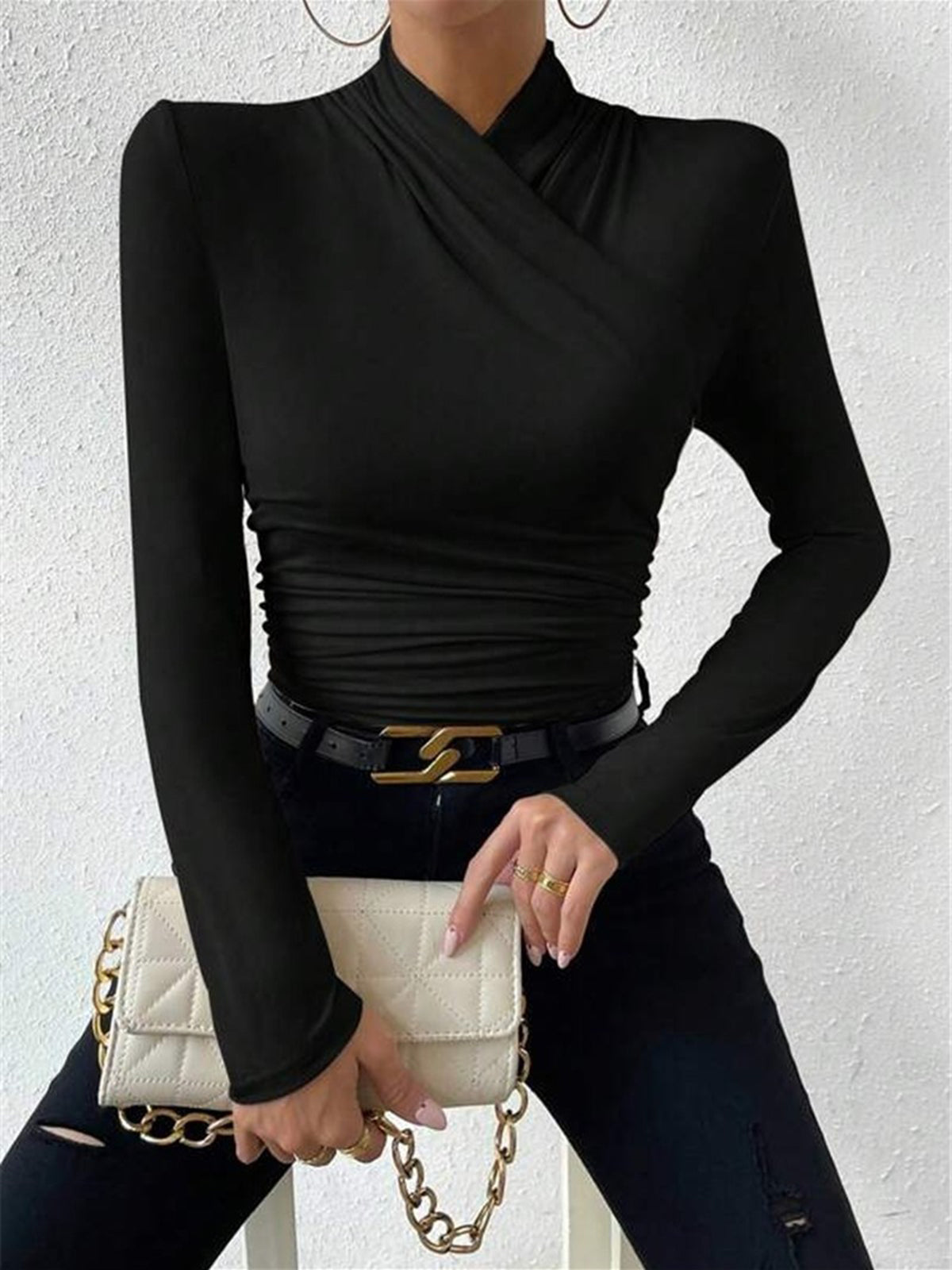 Women's Draped Crossover Long Sleeve Top