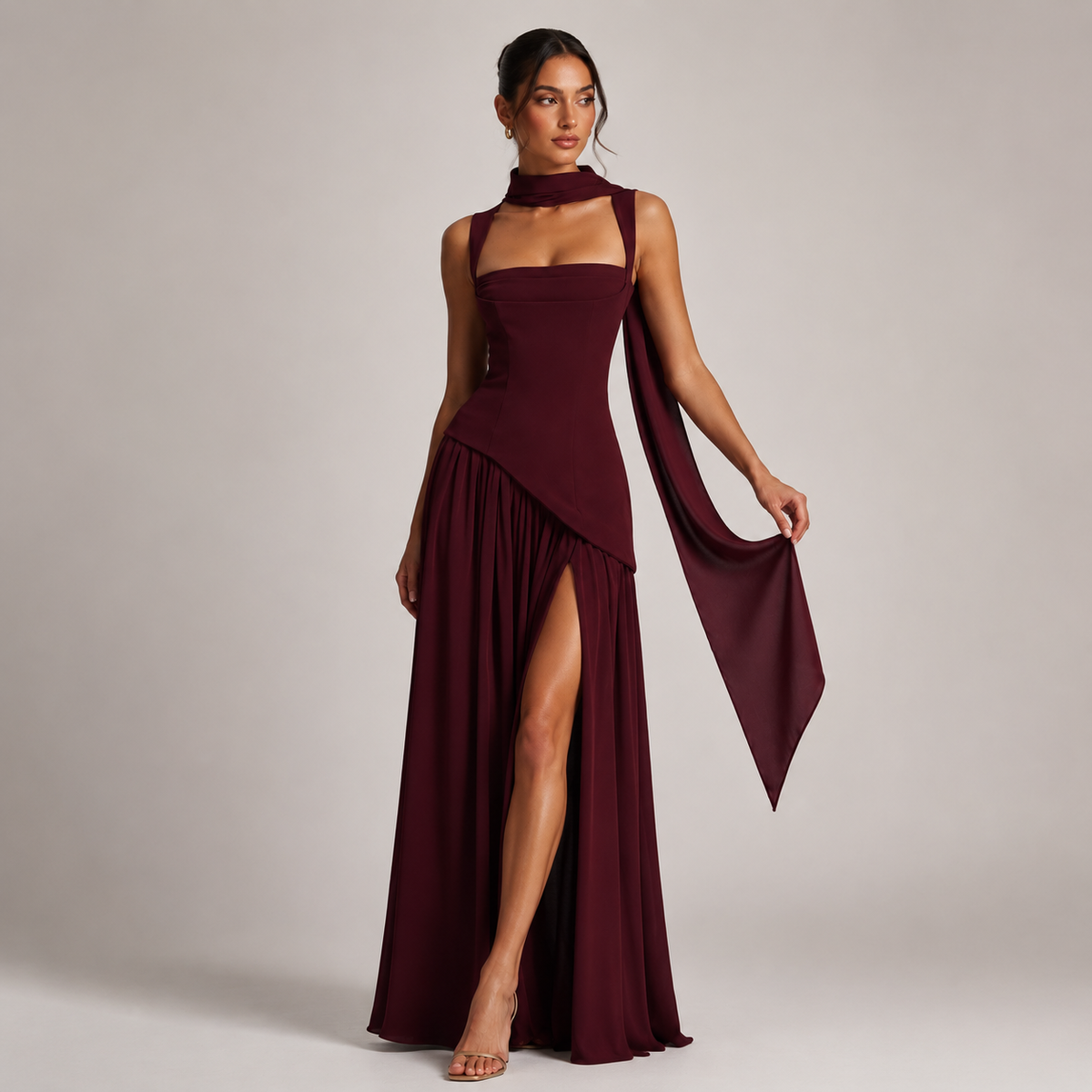 Women's Draped Satin Look Maxi Dress