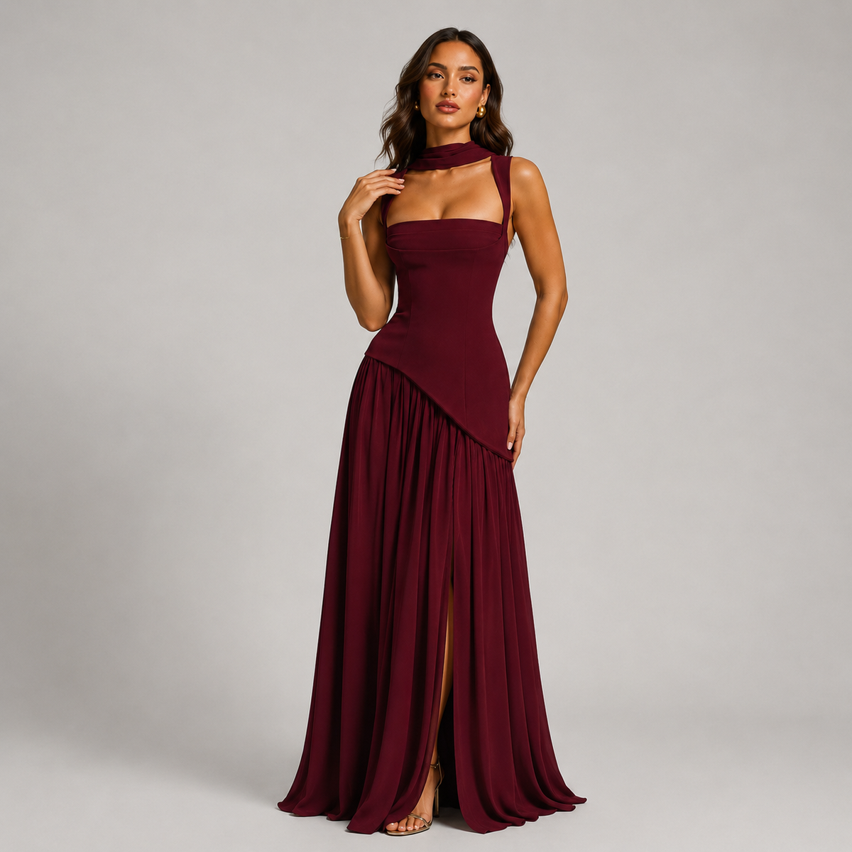 Women's Draped Satin Look Maxi Dress
