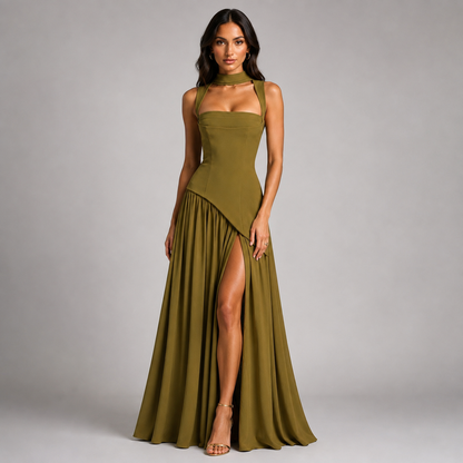 Women's Draped Satin Look Maxi Dress