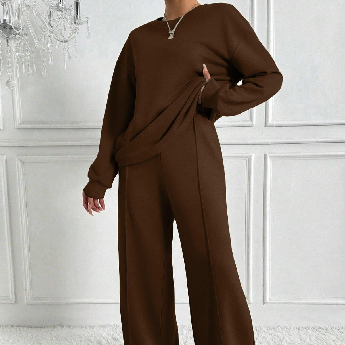 Women's Drop Shoulder Top and Wide Leg Trousers Co Ord Set