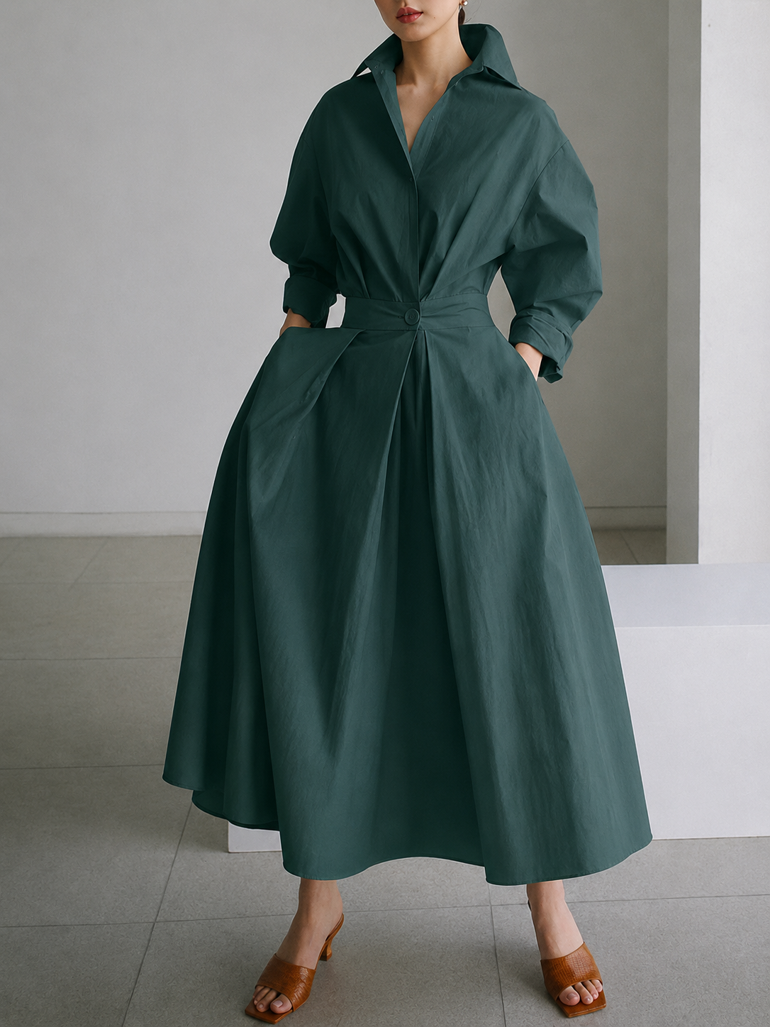 Women's Elegant Belted Shirt Dress