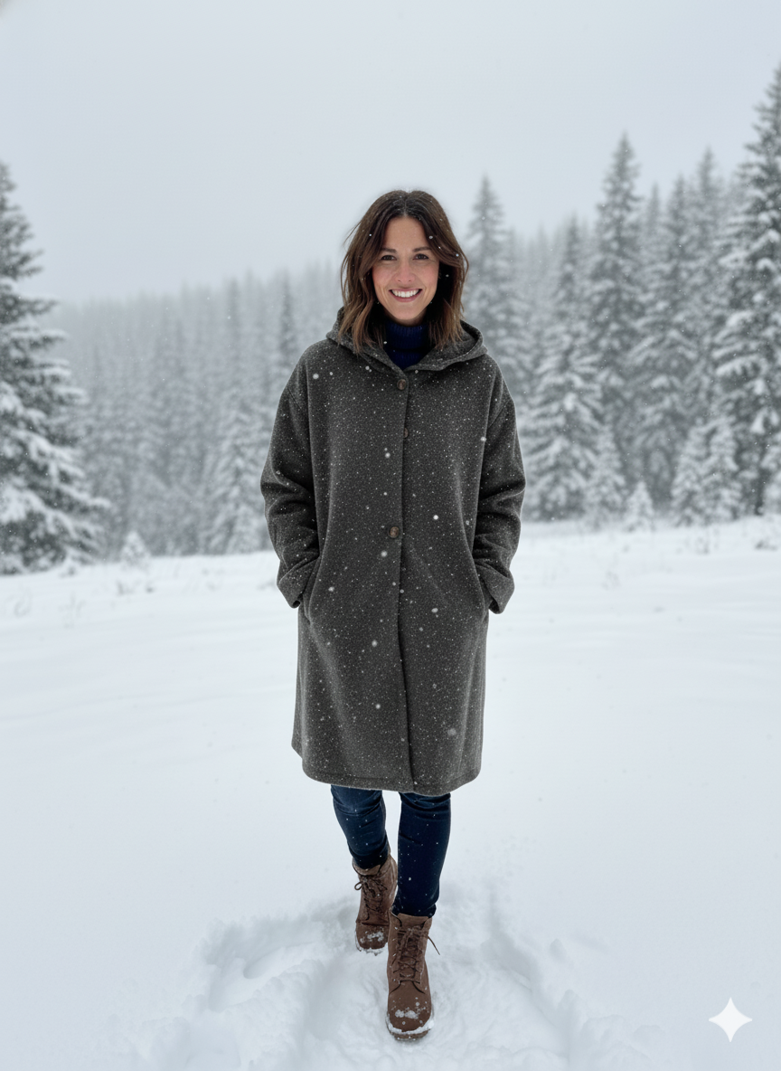 Women's Elegant Longline Winter Coat with Hood & Notch Lapel