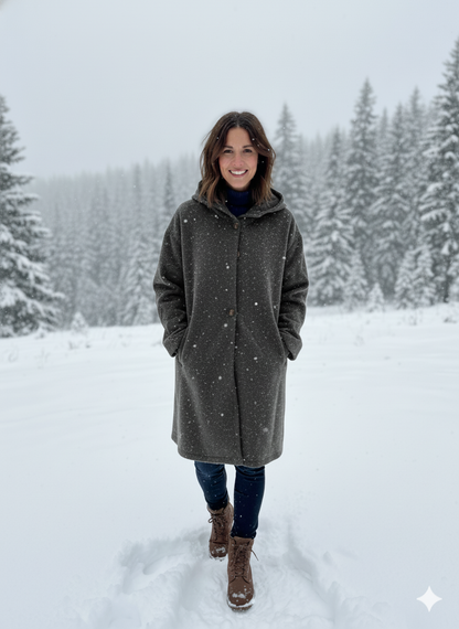 Women's Elegant Longline Winter Coat with Hood & Notch Lapel