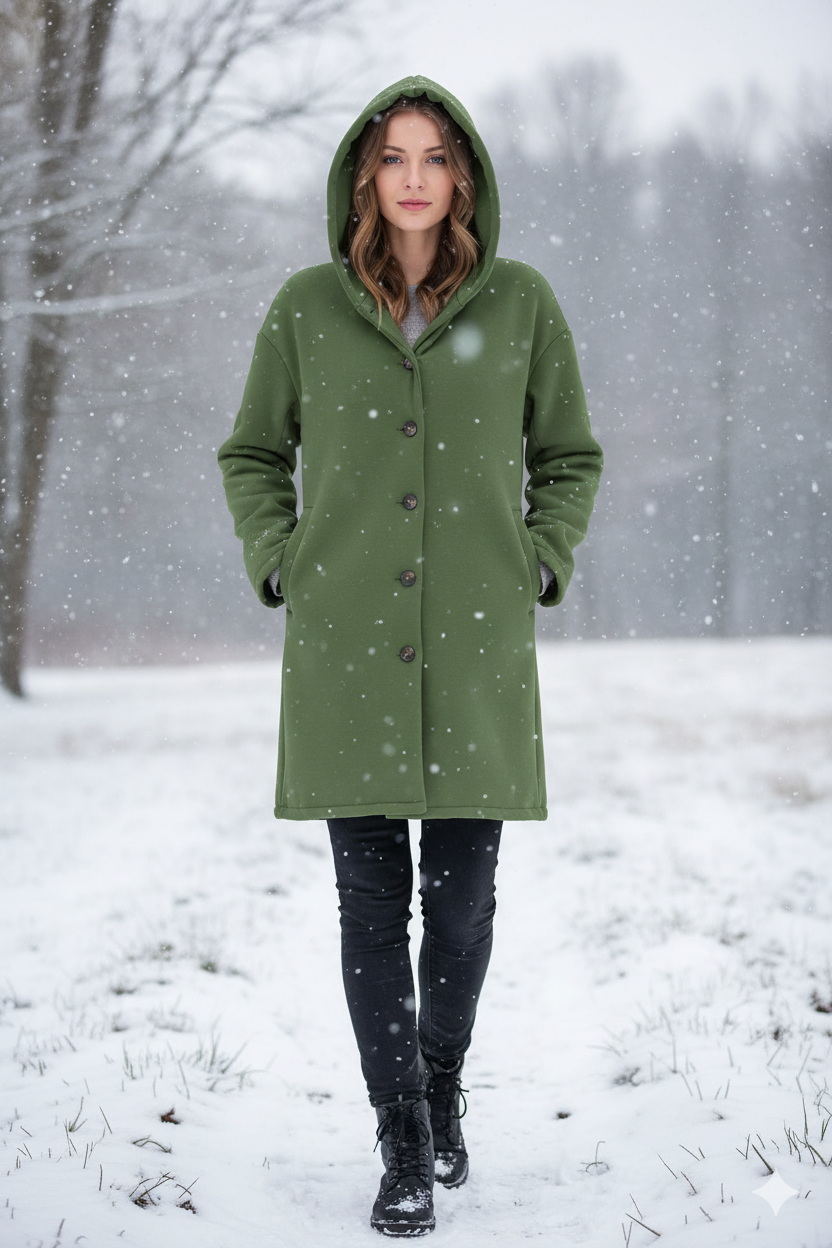 Women's Elegant Longline Winter Coat with Hood & Notch Lapel