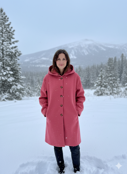 Women's Elegant Longline Winter Coat with Hood & Notch Lapel