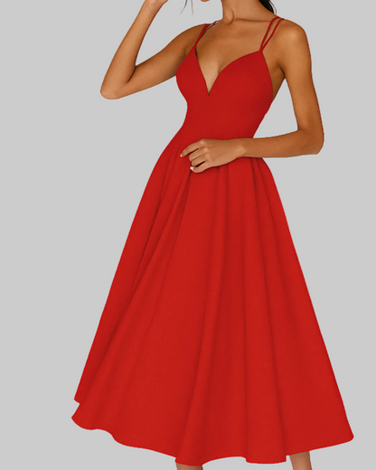 Women's Elegant Midi Dress with V-Neckline