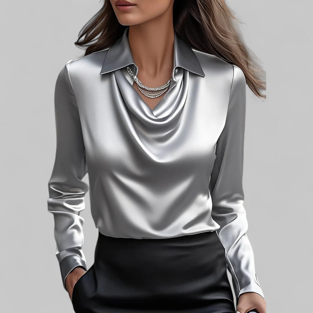 Women's Elegant Satin Blouse With Draped Neckline