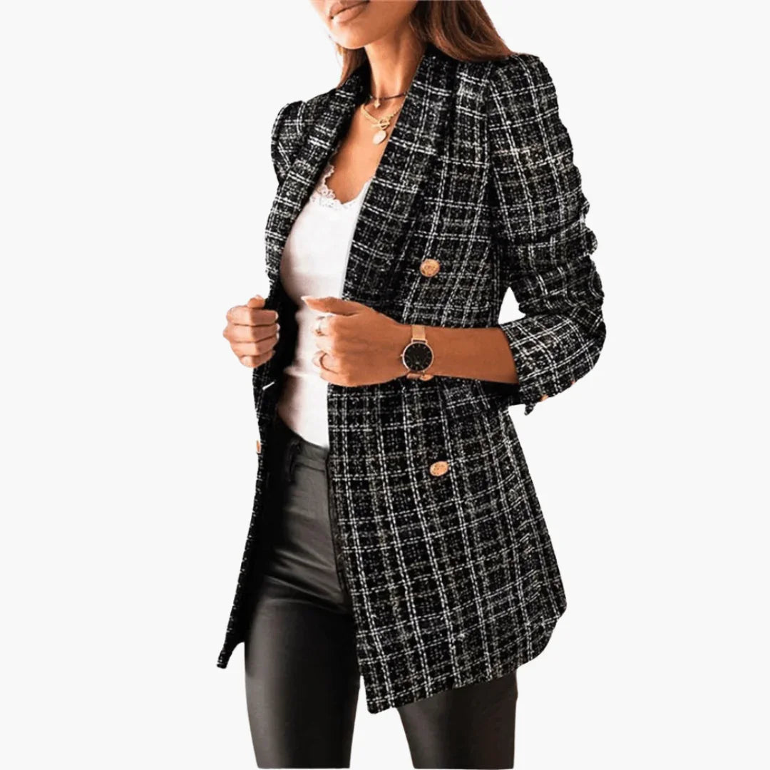 Women's Elegant Tweed Blazer with Gold Buttons and Flap Pockets