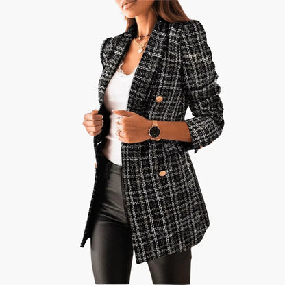 Women's Elegant Tweed Blazer with Gold Buttons and Flap Pockets