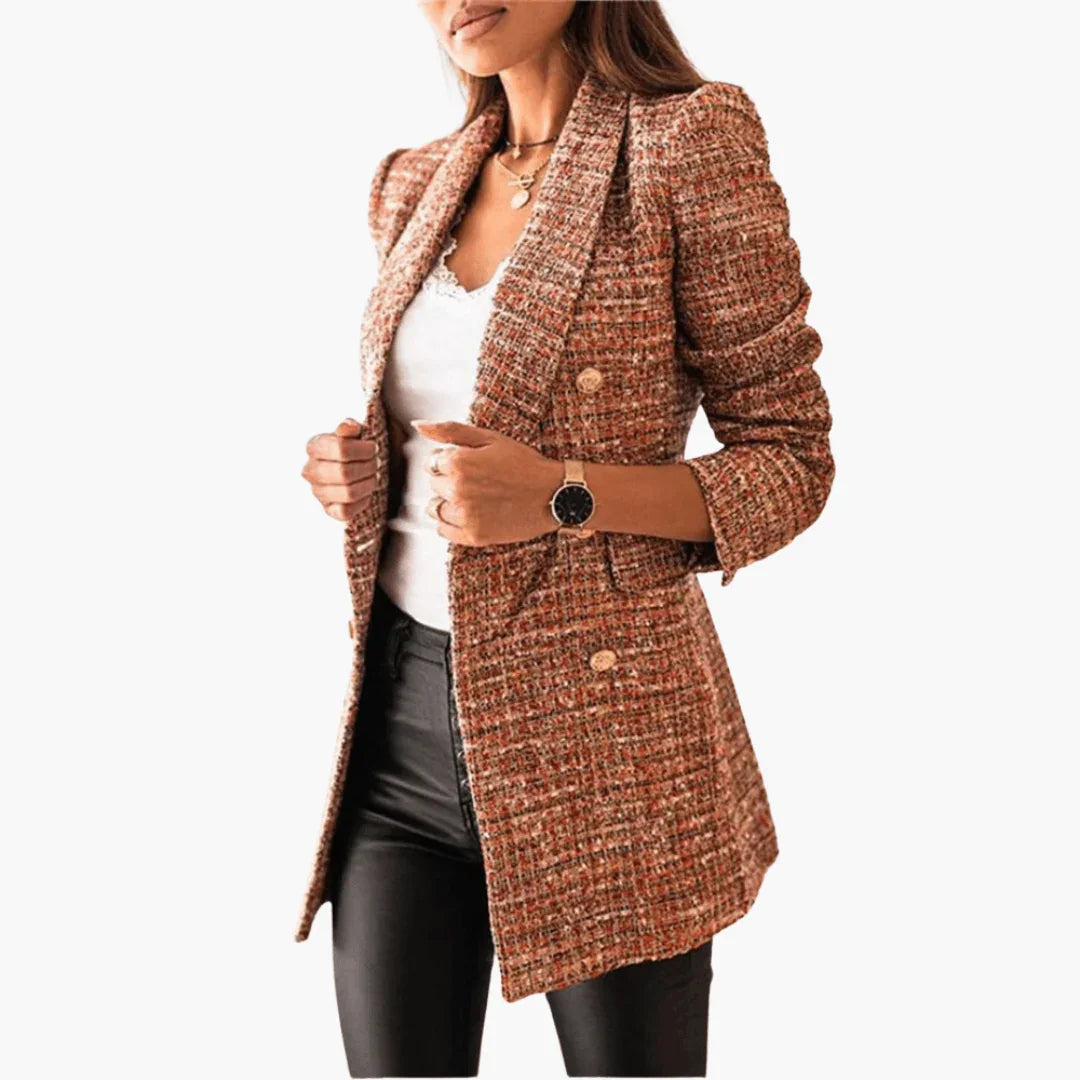 Women's Elegant Tweed Blazer with Gold Buttons and Flap Pockets
