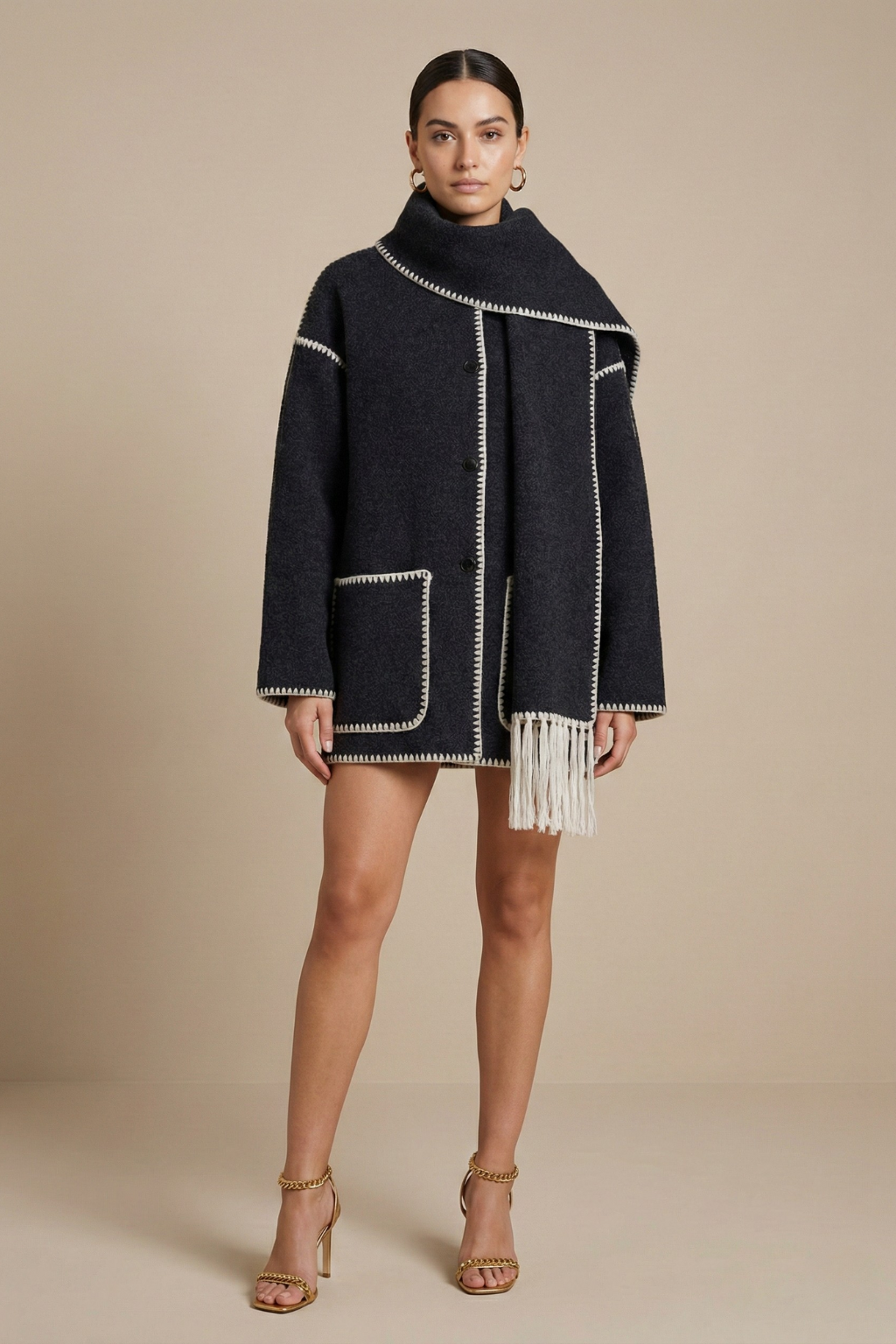 Women's Embroidered Scarf Jacket Wool Blend Coat