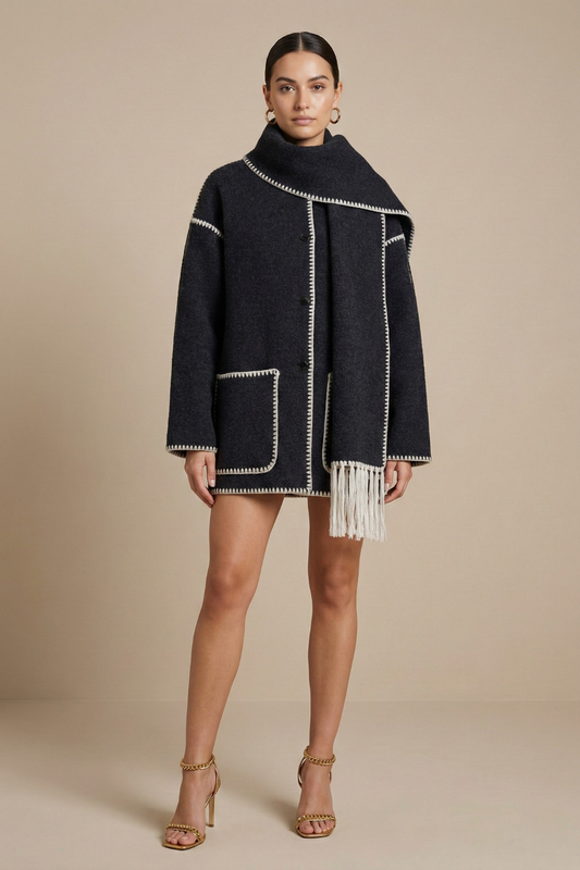 Women's Embroidered Scarf Jacket Wool Blend Coat