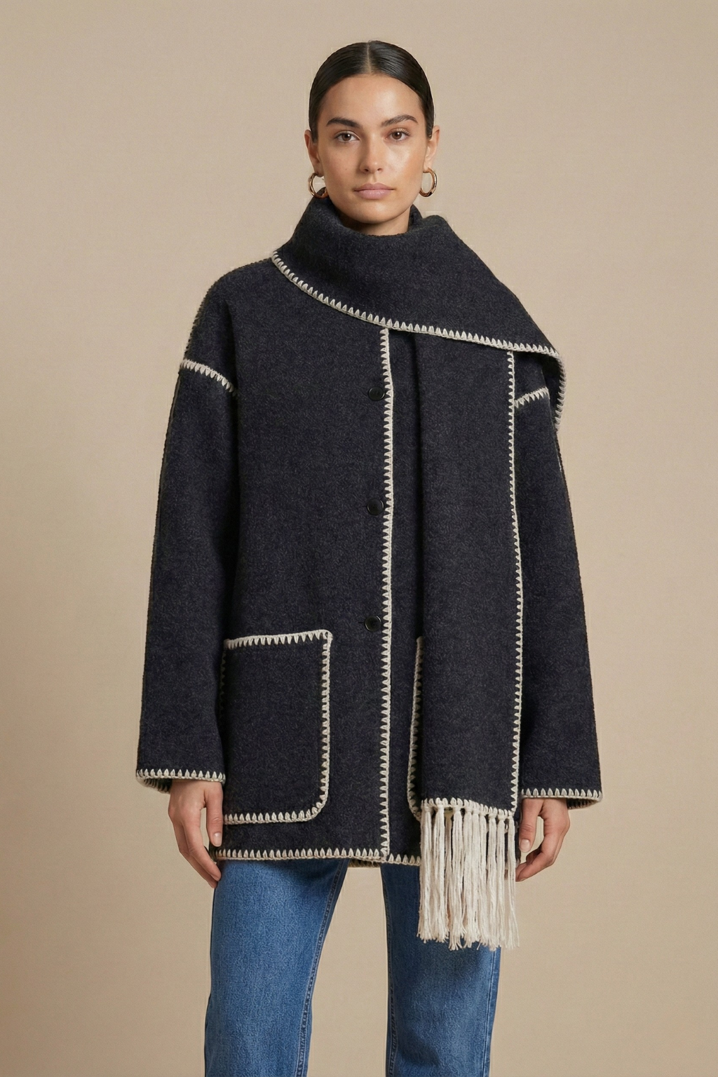 Women's Embroidered Scarf Jacket Wool Blend Coat