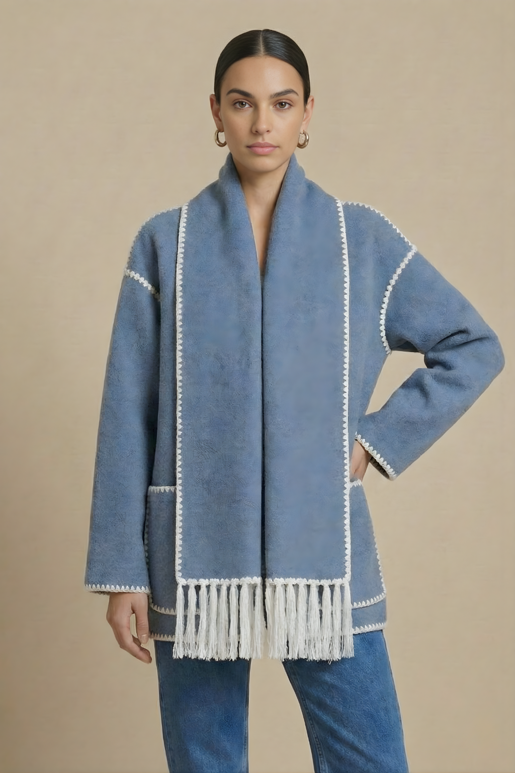 Women's Embroidered Scarf Jacket Wool Blend Coat